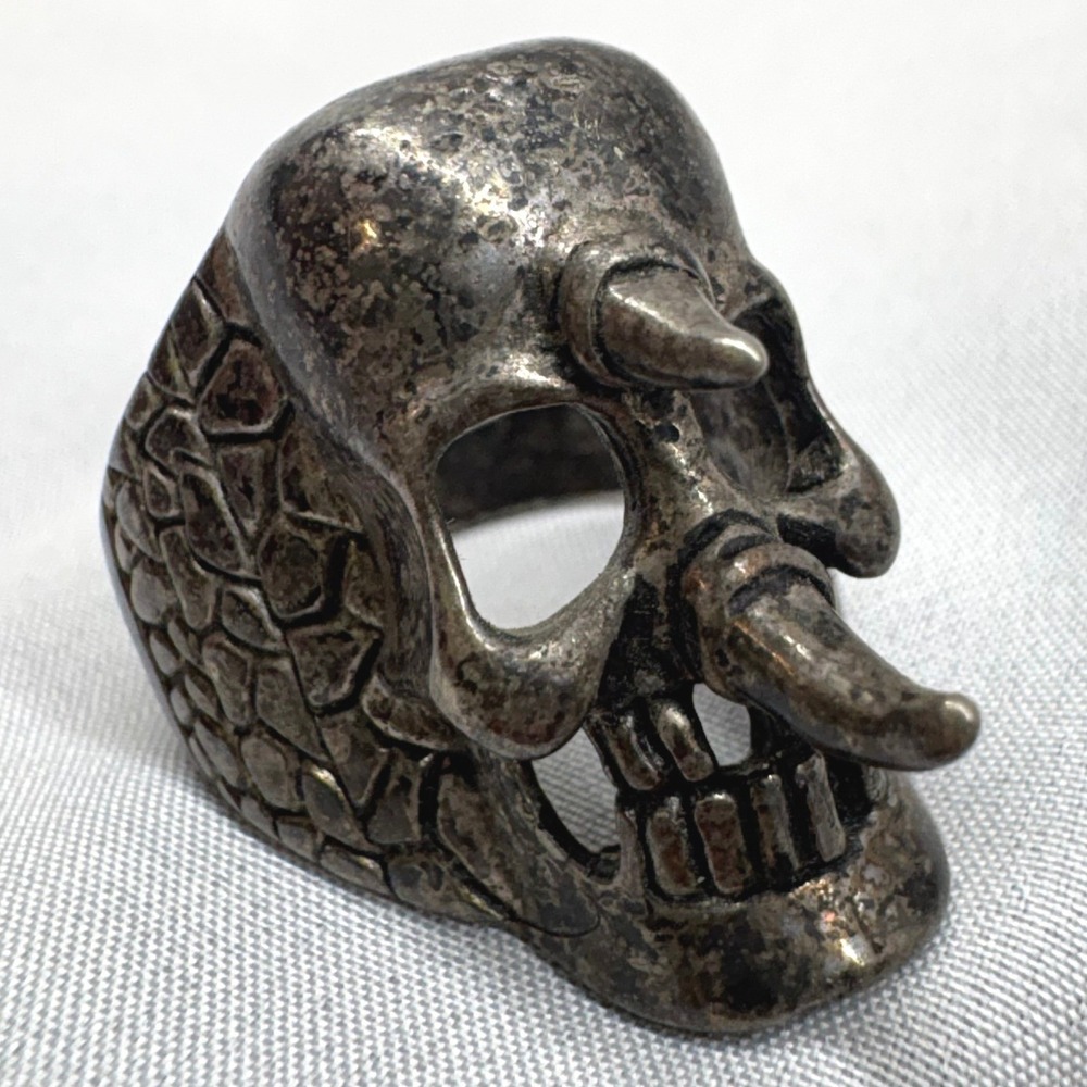 G&S Jewelry Horned Skull Ring Mens Size 12 Silver Tone Good Vintage Biker Horns